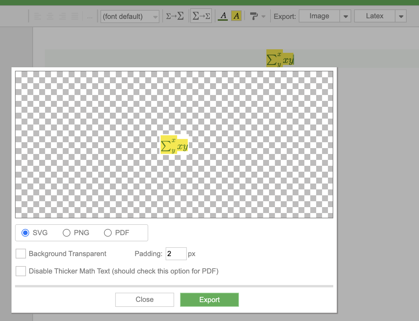 Math export dialog