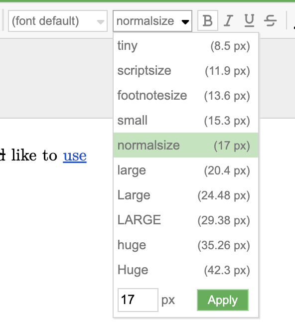 Size dropdown