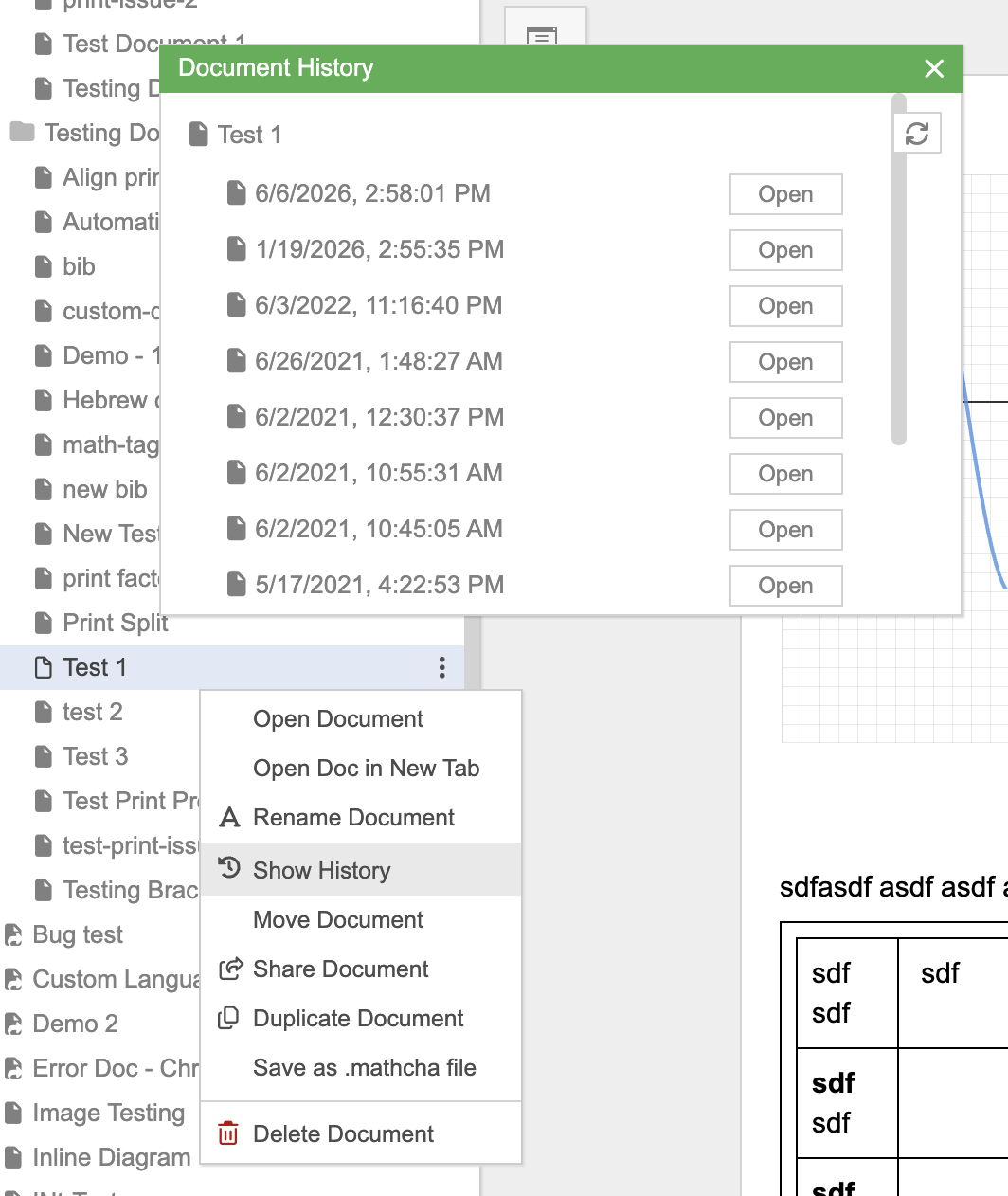 Document History panel and context menu