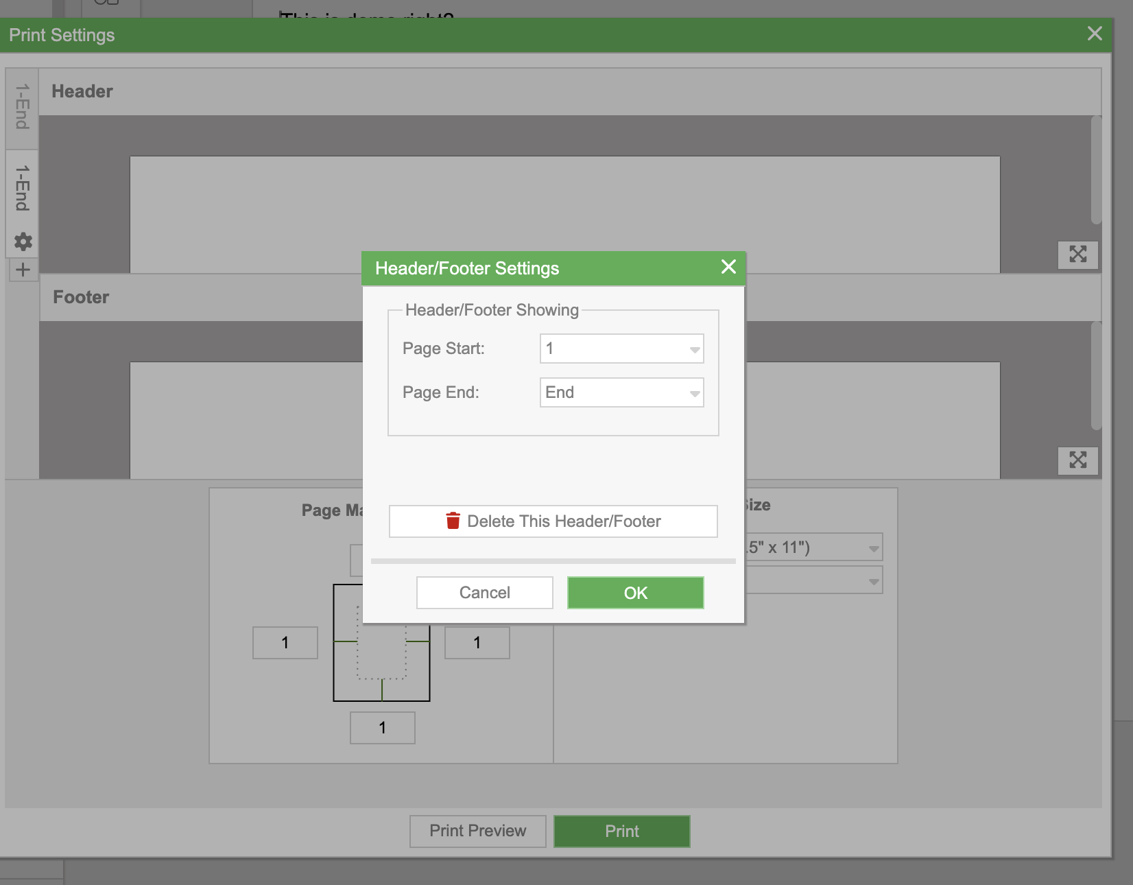 Header/Footer Settings dialog