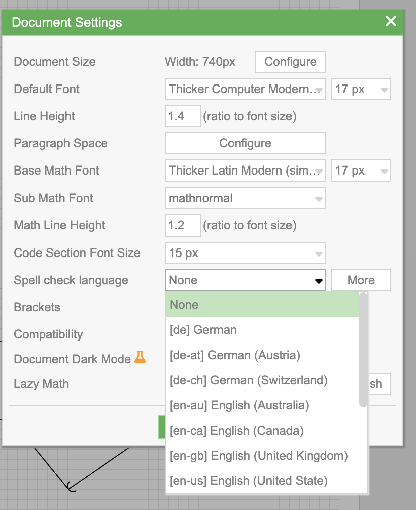 Spell check language selector in Document Settings