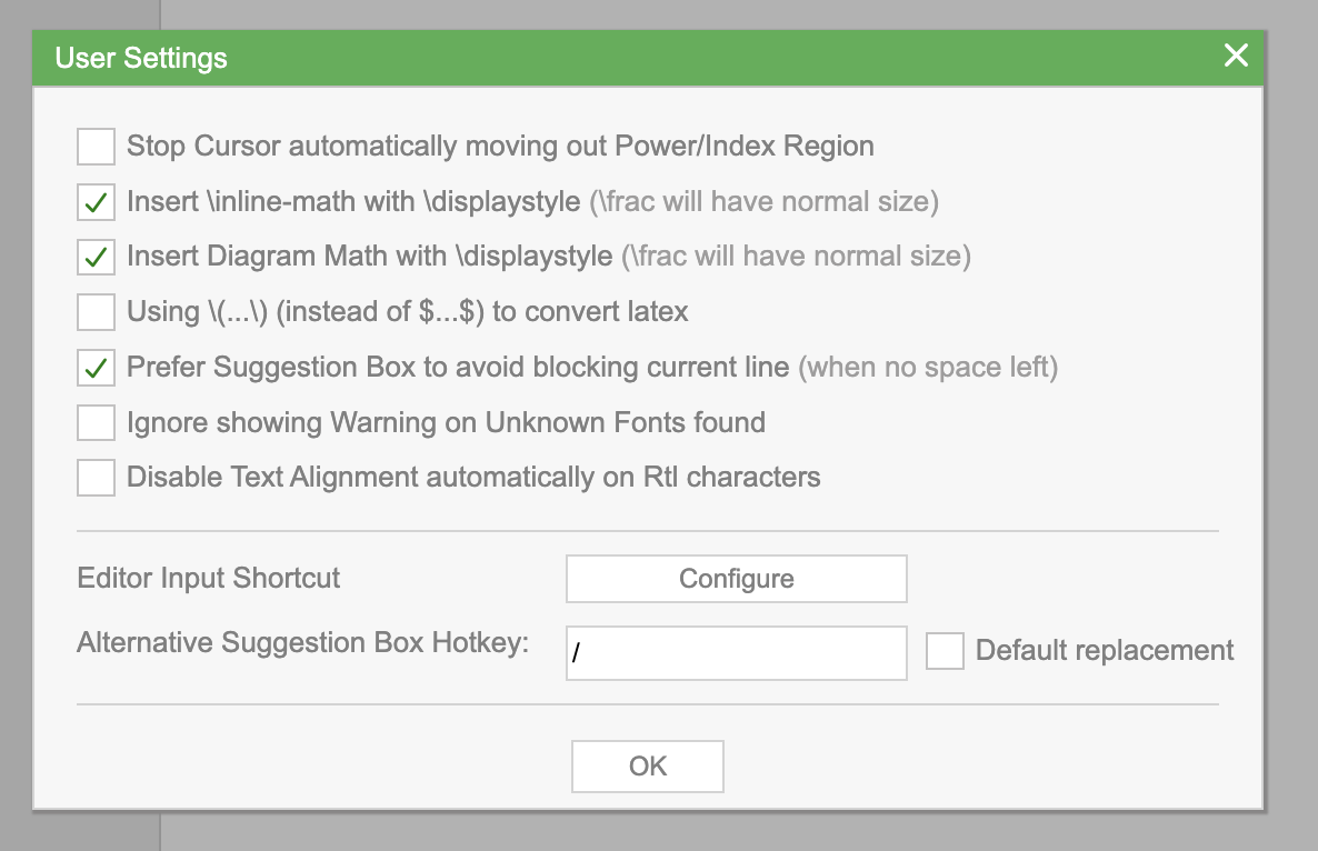 User Settings dialog