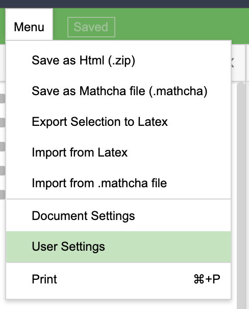 User Settings in Menu